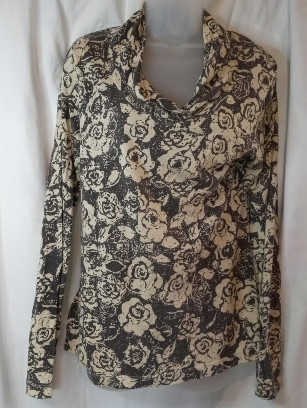 Cowl-Neck Long Sleeve Floral Top Shirt Black Cream Large Mod-O-Doc Scandi Office